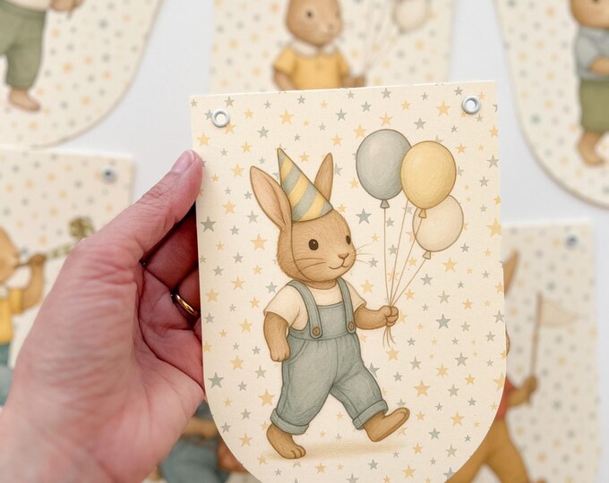 Baby Boy First Birthday Decorations, Storybook Rabbit Parade Garland, Blue & Yellow Decor for Fireplace Mantel or Cake Table Backdrop Banner