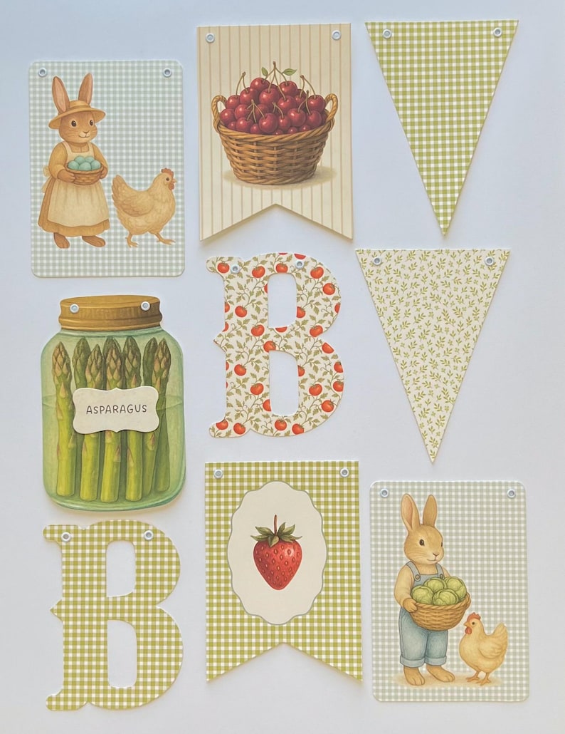 May include: A collection of decorative banners and letter cutouts with a farm theme. The banners feature illustrations of cherries, a strawberry, and a bunny with eggs. The letters are decorated with floral and gingham patterns.