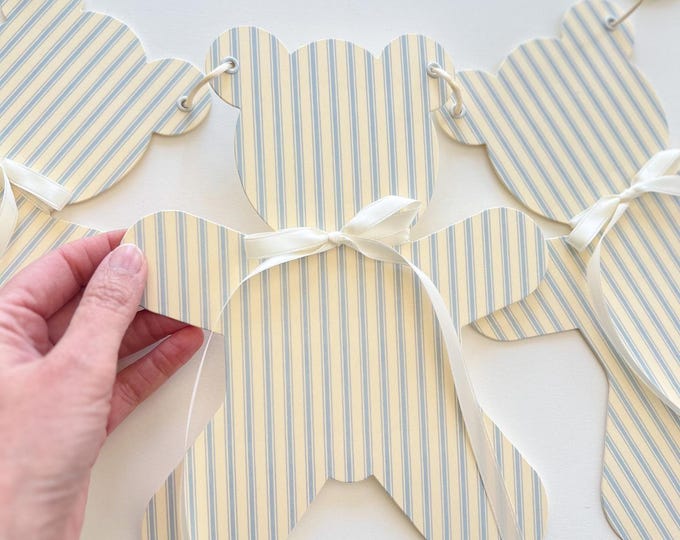 Baby Shower Teddy Bear Banner Garland, 5 Large Blue and Beige Ticking Stripe Bears, We Can Bearly Wait, Welcome Baby Theme, Mantel Decor