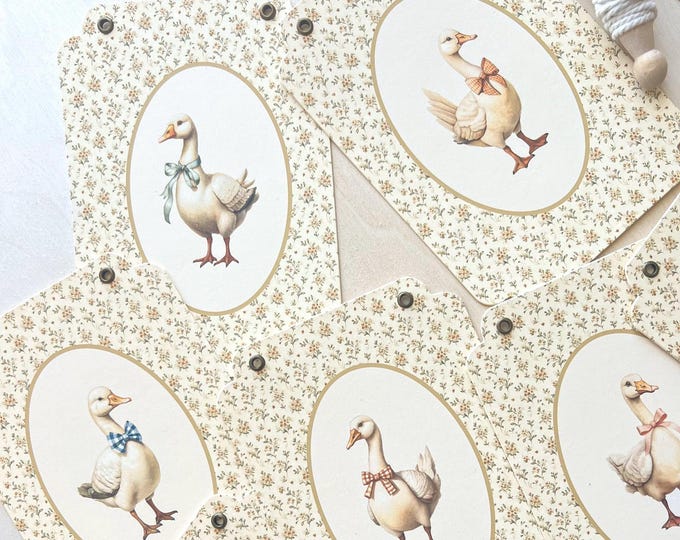 Baby Shower Decor Vintage Muted Style Goose Theme, Goose Banner Garland, Beige Gender Neutral Colors 8 - 5x7" Pennants, Adjustable length