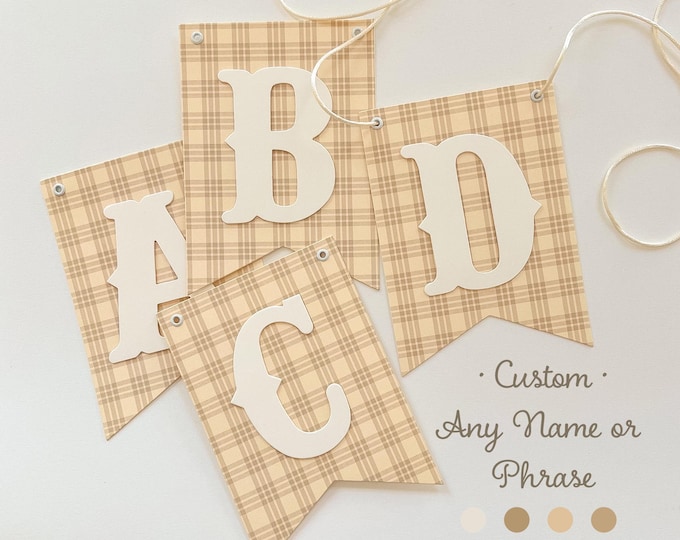 Custom Baby Shower Banner Neutral Beige Plaid, Cream Letters Vintage Style, Fall Decor, Welcome Baby Sign, Gender Neutral Decor