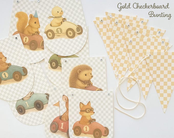 Race Car First Birthday Banner Boy, Woodland Animal Car Party Decor, Vintage Checkered Birthday Garland, 1st Birthday Theme