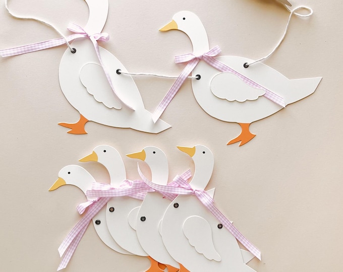 Goose Baby Shower Decoration, Pink Gingham Bows, Nursery Decor, Cute Goose, Cottagecore, Baby Gift, Adjustable Length Goose Garland