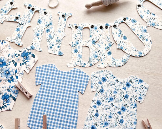 Baby in Bloom Blue Baby Shower Floral Banner,  Blue Decorations, Baby Clothesline Decor, Vintage Cottage Farmhouse Style Decor, 8 Bodysuits