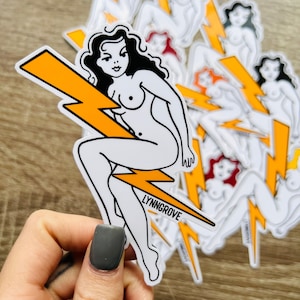 Pin Up Girl Lightning Bolt Sticker - Traditional Tattoo LINEMAN, Hard Hat Sticker , Blue Collar Stickers