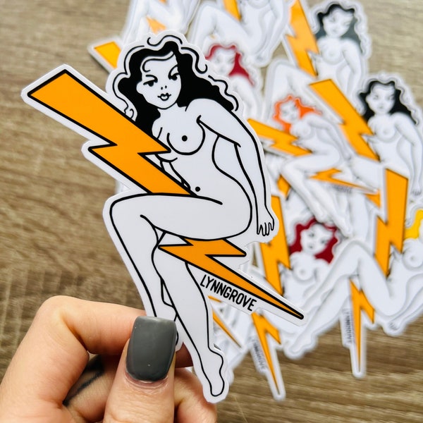 Pin Up Girl - Lightning Bolt - Sticker - Traditional Tattoo Weatherproof Vinyl | LINEMAN Hard Hat Sticker  | Blue Collar Stickers