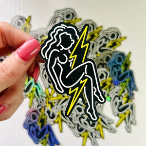 NEON Pin Up Girl - Lightning Bolt - Sticker  LINEMAN Hard Hat Sticker  | Blue Collar Stickers