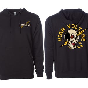 May include: Black hoodie with a front pocket and drawstring hood. The front features the text "LYNNGROVE" with a lightning bolt graphic. The back displays a skull graphic with the words "HIGH VOLTAGE" and lightning bolts.