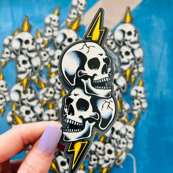 Stacked Skulls Lightning Bolt Sticker - Weatherproof Vinyl | LINEMAN Hard Hat Sticker | Blue Collar Stickers