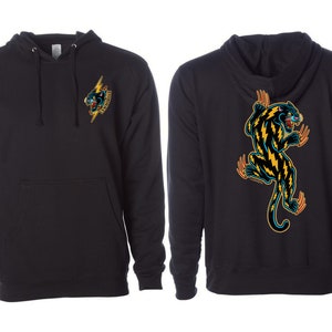 May include: Black hoodie with a black panther graphic on the back and a lightning bolt with a panther graphic on the front. The hoodie has a drawstring hood and a kangaroo pocket.