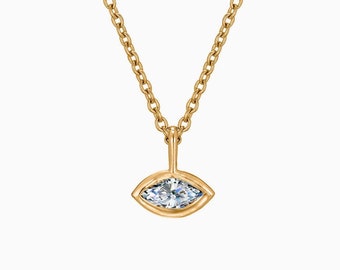 Evil Eye Marquise Diamond Solitaire Necklace, Bezel Set, Marquise Cut, 1/6 CTW Natural Diamond, Charm Necklace, Minimalist 14K Gold Necklace