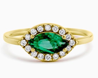 Diamond Ring Marquise Shape 14K Gold / Signet Ring Green Emerald and Diamond / Unique Statement Ring /  Green Emerald Ring by MIUR ART