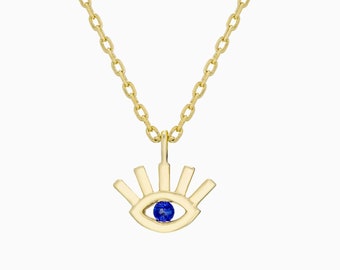 Charm Diamond Necklace Eye Shape in 14K Solid Gold- Tiny Evil Eye / Gold Evil Eye / Good Luck Gift  / Good Luck Charm Protection Necklace