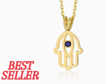 Hamsa Necklace, 14K Gold, Sapphire Gold Necklace, Protection Necklace, Gold Hamsa, Hand of Fatima, Good Luck, Boho Style Charm Yoga Pendant