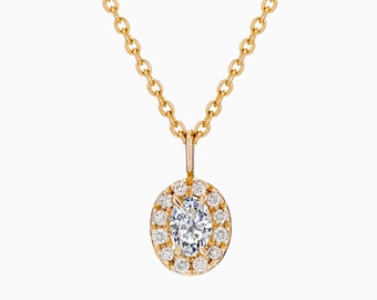 Oval Diamond Cut Halo Necklace / Natural Oval  Diamond / 14K Solid Gold / Oval Jewelry / Dainty Oval Diamond Necklace / MIUR ART