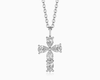 Cross Shape Diamond Necklace - Pear Diamond Cut Cross Necklace in 14k Gold 0.40ct Natural Diamonds, Pendant Cross Necklace Minimalist Style