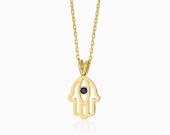 Hamsa Men Necklace in 14K Gold with Sapphire Center Natural Gemstone- Protection Necklace for Men, Good Luck Necklace, Boho Style, Best Gift