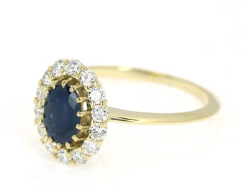 Sapphire Diamond Ring- Dark Blue Oval Sapphire and around Diamond- Blue Sapphire Anniversary Ring or Engagement Ring, Birthstone Ring