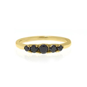5 Stones Black Diamonds Ring, 14K Solid Gold Stacking Ring, Thin Dainty Ring, Delicate Five Diamonds Band, Miur Art And Jewelry
