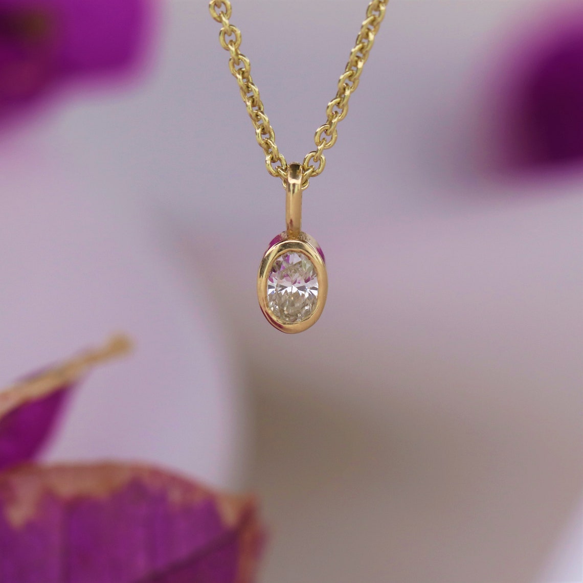 Oval Necklace Diamond Oval Necklace in 14K Solid Gold Oval Etsy