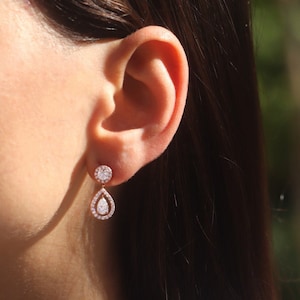 Halo Dangling Teardrop Pear in 14K Solid Gold and Natural Diamonds- Bridal Earrings Wedding or Anniversary Elegant   Diamond Earrings