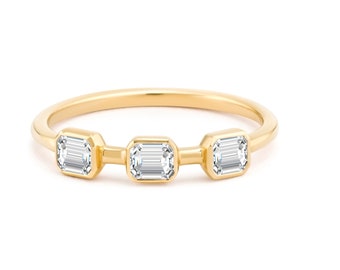 Three Stone Diamond Ring Emerald Shape in 14K Gold 0.40CT Natural Diamonds- Emerald Anniversary Ring, Emerald Ring, MIUR ART Trio Ring