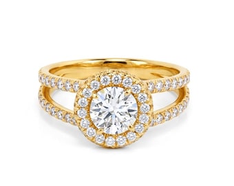 14K Gold Double Halo Diamond Engagement Ring with Split Shank