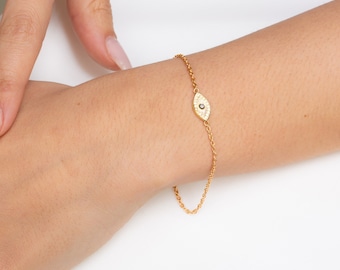 Evil Eye Bracelet / 14K Gold Diamond Evil Eye Dainty Chain Bracelet / Black & White Diamond Evil Eye Bracelet / Evil Eye Gold Bracelet