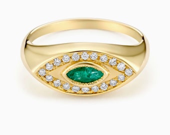 Evil Eye Green Emerald Gemstone & Diamond Ring / 14K Gold / Marquise Signet Ring / Natural Diamond / Statement Ring / seal Ring