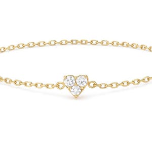 Heart 3 Diamond Bracelet in 14K Yellow White or Rose Gold- Heart Charm Bracelet, Three Stones Style, Love Bracelet, Best Gift for Her