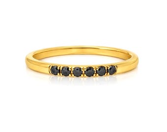 Trouwring met zwarte diamanten, 14-karaats gouden ring met zwarte diamanten, ring met 6 diamanten, minimalistische trouwring, stapelbare diamanten ring