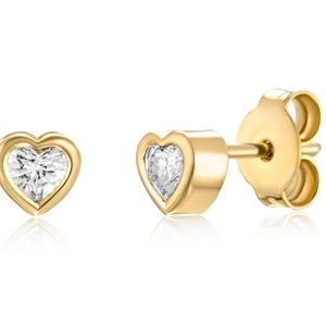 Diamond Stud Earrings Heart Shape in 14K Gold- Small Genuine High Quality Diamond Heart Earrings, Available in White  Rose Yellow Solid Gold
