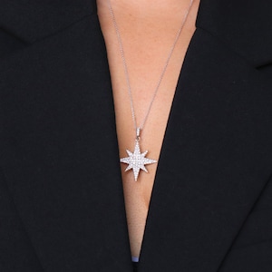 0.75ctw Diamond Star Necklace /14K Diamond Starburst Necklace/ North Star Necklace/14K Paperclip Chain Necklace/ 14K Solid Gold Necklac 14kt