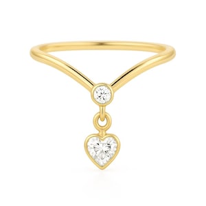 Gold Heart Diamond Charm Ring – Delicate 14K Yellow Gold V Band with Dangling Heart Cut Diamond – Minimalist Dainty Engagement Promise Ring