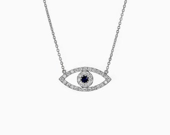 Diamond Necklace Eye Shape in 14k Gold- Eye Necklace /Blue Sapphire / Eye Diamond Necklace / Protection Necklace, Fine Jewelry by MIUR ART