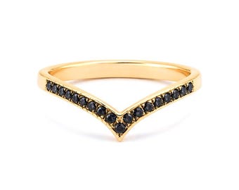 Black Diamond Chevron Ring | 14K Solid Gold Minimalist Stacking Ring