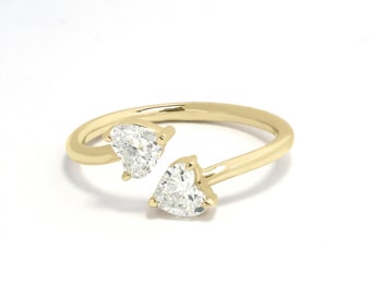 Open Diamond Ring Heart Shape in 14K Solid Gold / 2 HeartDiamonds / Open Band ring / Open Ring /  Natural Diamond / Dual Diamond Ring