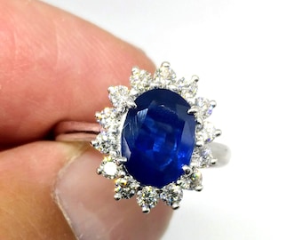 Sapphire and Diamond Halo gold ring  Princess Diana inspired ring  Blue Sapphire Diamond Halo Engagement Ring in 14K White Gold