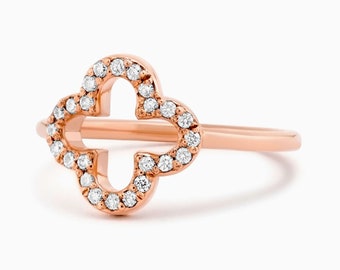 Lucky Clover Diamond Ring in 14K Gold, 1/10 CTW Natural Diamond, Dainty Ring Diamond, Engagement Ring, Miur Art Jewelry