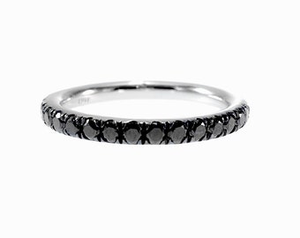 Black Diamond Half Eternity Band Stacking Ring, 14K White Gold Black Eternity Wedding Band, Pave Diamond Ring