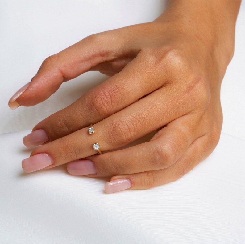 Open Diamond Ring Emerald Shape in 14K Solid Gold / 2 Emerald Diamonds / Open Band ring / Open Ring / Emerald Diamond / Dual Diamond Ring image 1