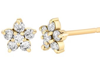 Every Day Stud Diamond Earrings Flower Shaped in 14K Solid Gold Available in Rose Whit or Yellow Gold, With 12 Diamonds, 0.60 CTW Diamond