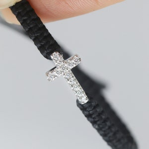 Cross Diamons Bracelet  & String Macrame Wax Cord Bracelet Handwoven, IN 14K Solid Gold, 0.15 Carat Natural Diamond