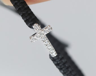 Cross Diamons Bracelet  & String Macrame Wax Cord Bracelet Handwoven, IN 14K Solid Gold, 0.15 Carat Natural Diamond