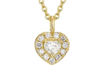 Collar con halo de diamantes en forma de corazón, colgante de diamantes en forma de corazón de oro de 14 quilates, collar de diamantes en forma de corazón, joyería fina con 12 diamantes.