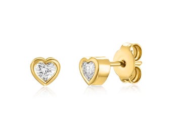 Diamond Stud Earrings Heart Shape in 14K Gold- Small Genuine High Quality Diamond Heart Earrings, Available in White  Rose Yellow Solid Gold
