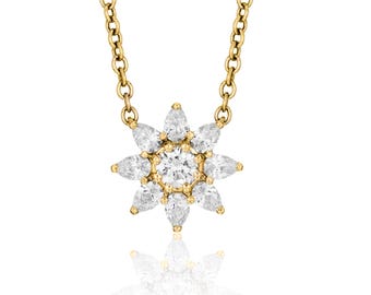 Collar con colgante de girasol de oro de 14 quilates y diamantes: talla pera y redonda.