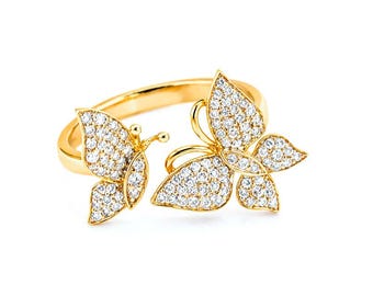 Anillo de diamantes con forma de mariposa en oro blanco de 14 quilates con 103 diamantes - Anillo apilable / Anillo de diamantes con forma de mariposa / Joyería de mariposa / Anillo de ensueño