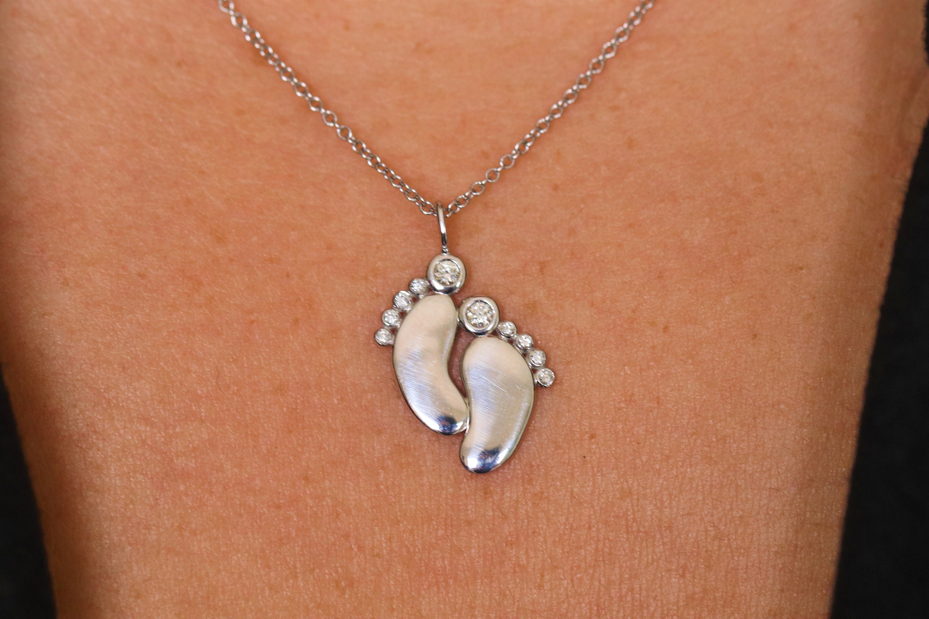 Diamond Necklace Baby Feet Shape in 14K Solid Gold Tiny Etsy
