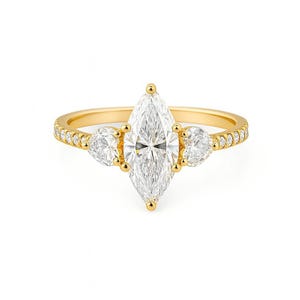 Diamanten verlovingsring met drie stenen, marquise en 2 harten diamant 0,90 + CTW natuurlijke diamant